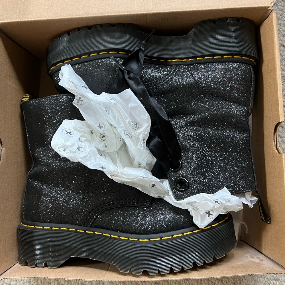 Doc Martens Black Glitter Platform Boots with Ribbon Laces